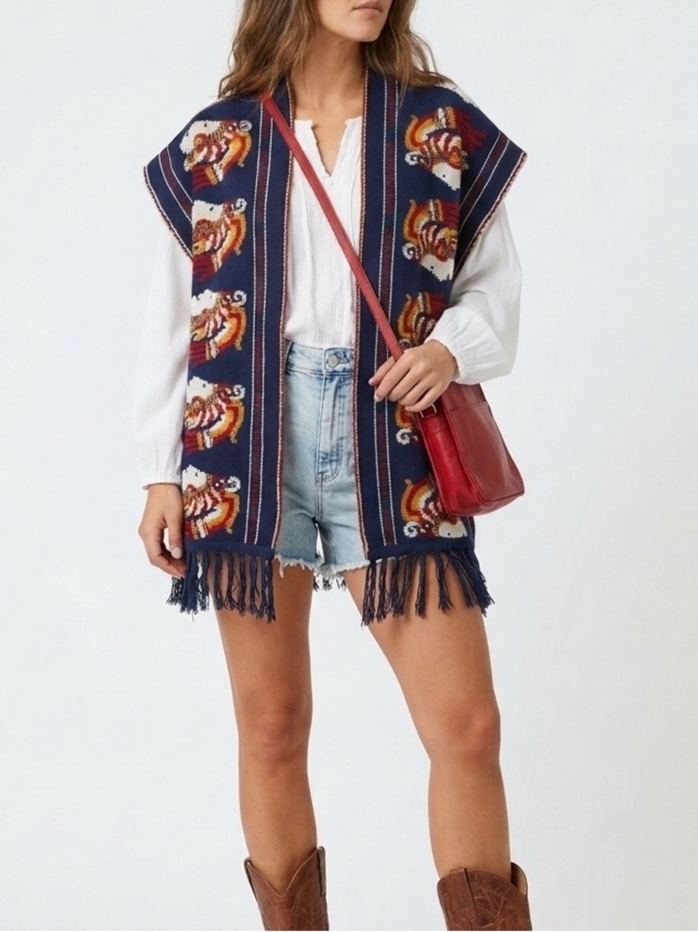 Vintage 70s Tribal Poncho Fringed Boho Festival Cape Loose Fit Wrap OSFM